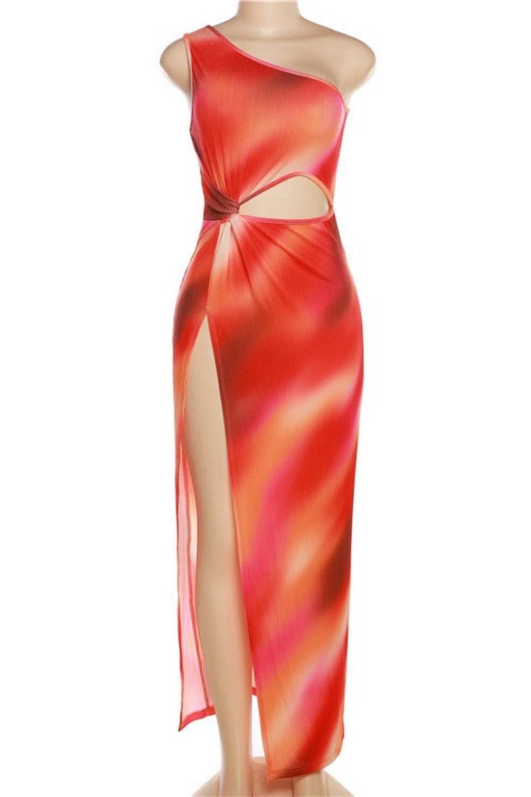 Sexy Oblique Shoulder Hollow Slim Slit Printed Dress
