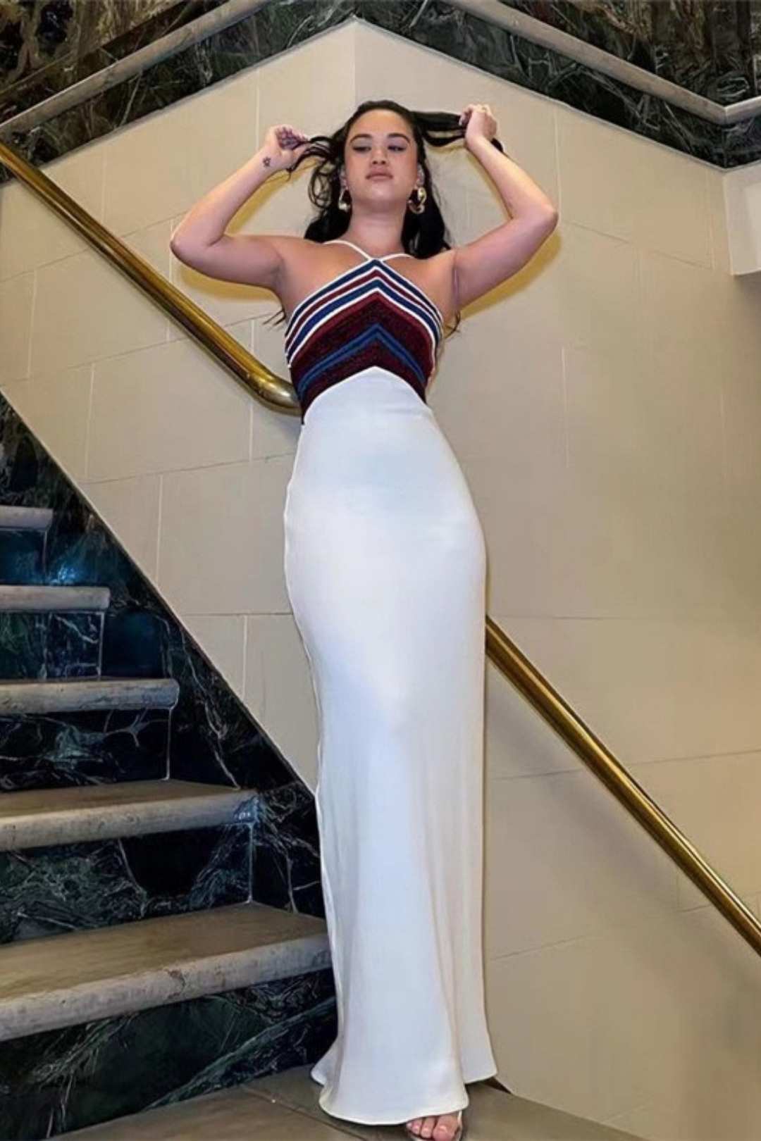 Backless Striped Contrasting Slim Fit Hip-hugging Dress