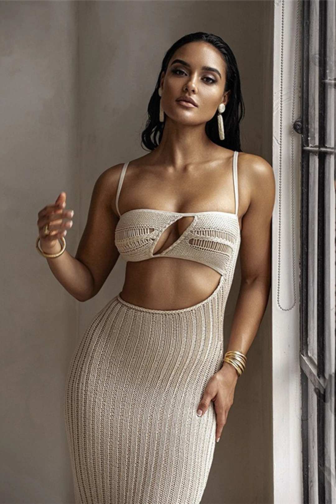 One-line Collar Sexy Hollow Slim Fit Hip-covering Dress