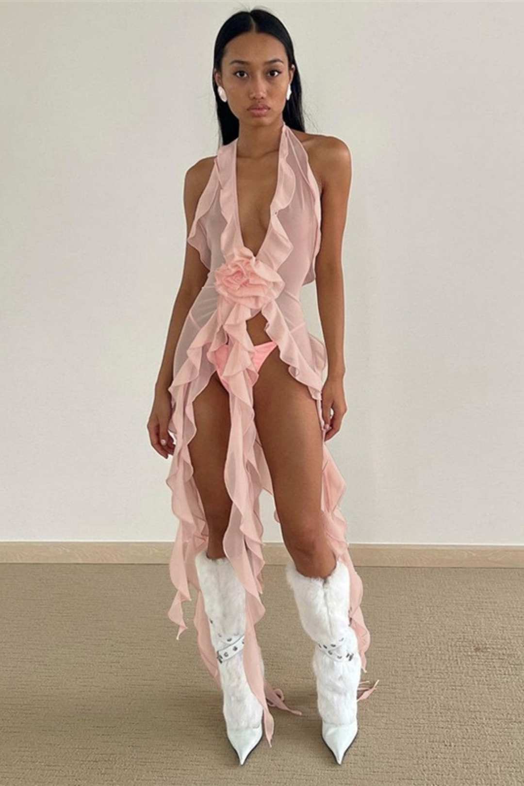 Halter Neck Sexy See-through Low-cut Backless Lace Design T-shirt