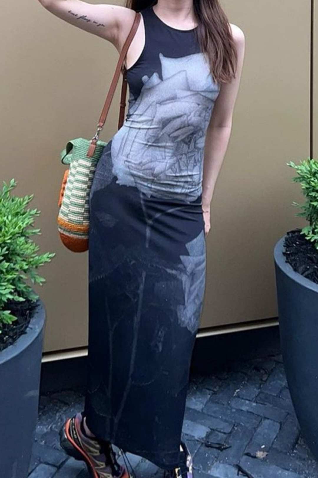 Retro Street Trend Print Contrasting Color Round Neck High Waist Slim Fit Dress