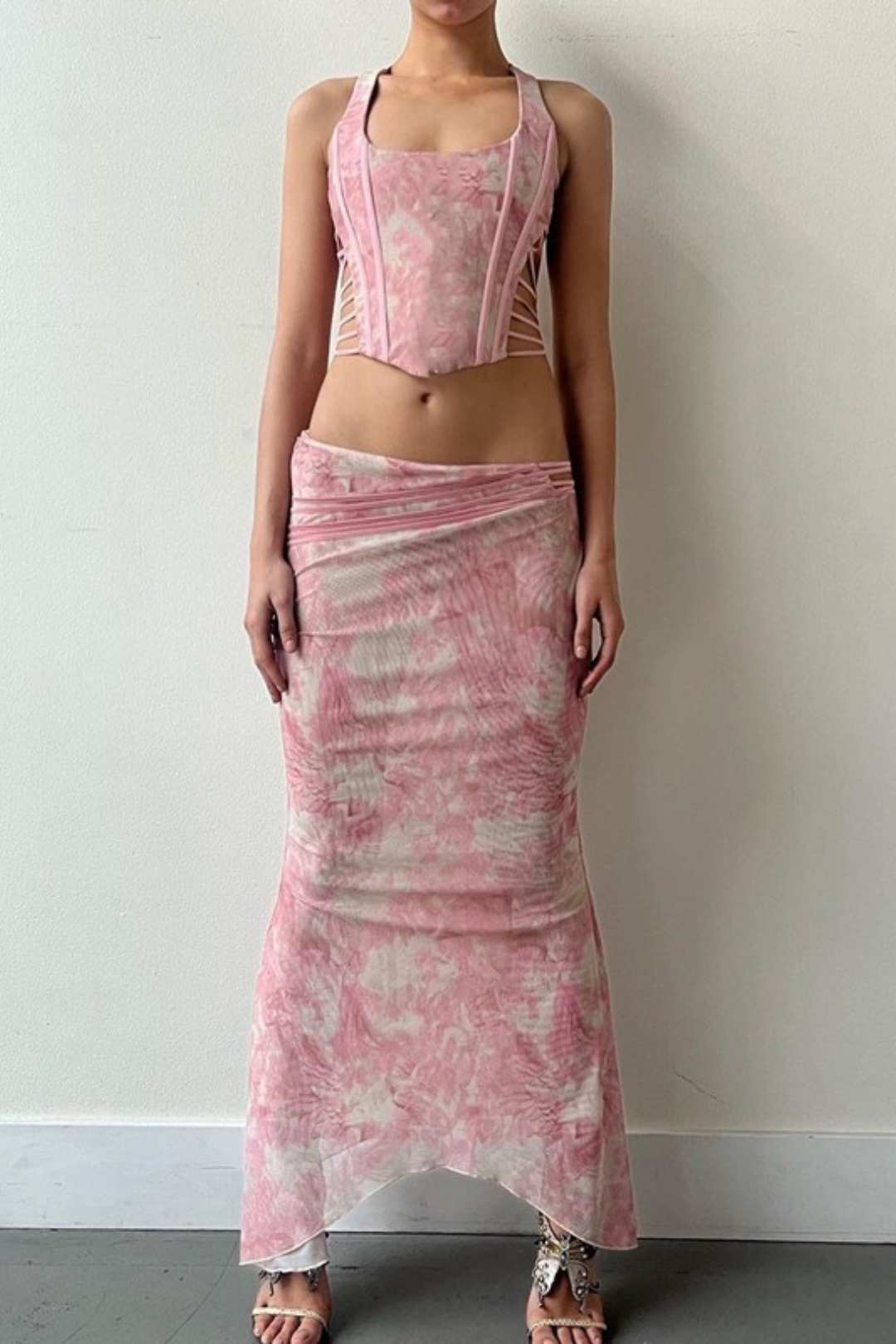 Collar Fishbone Hollow Vest Retro Printed Irregular Skirt Set