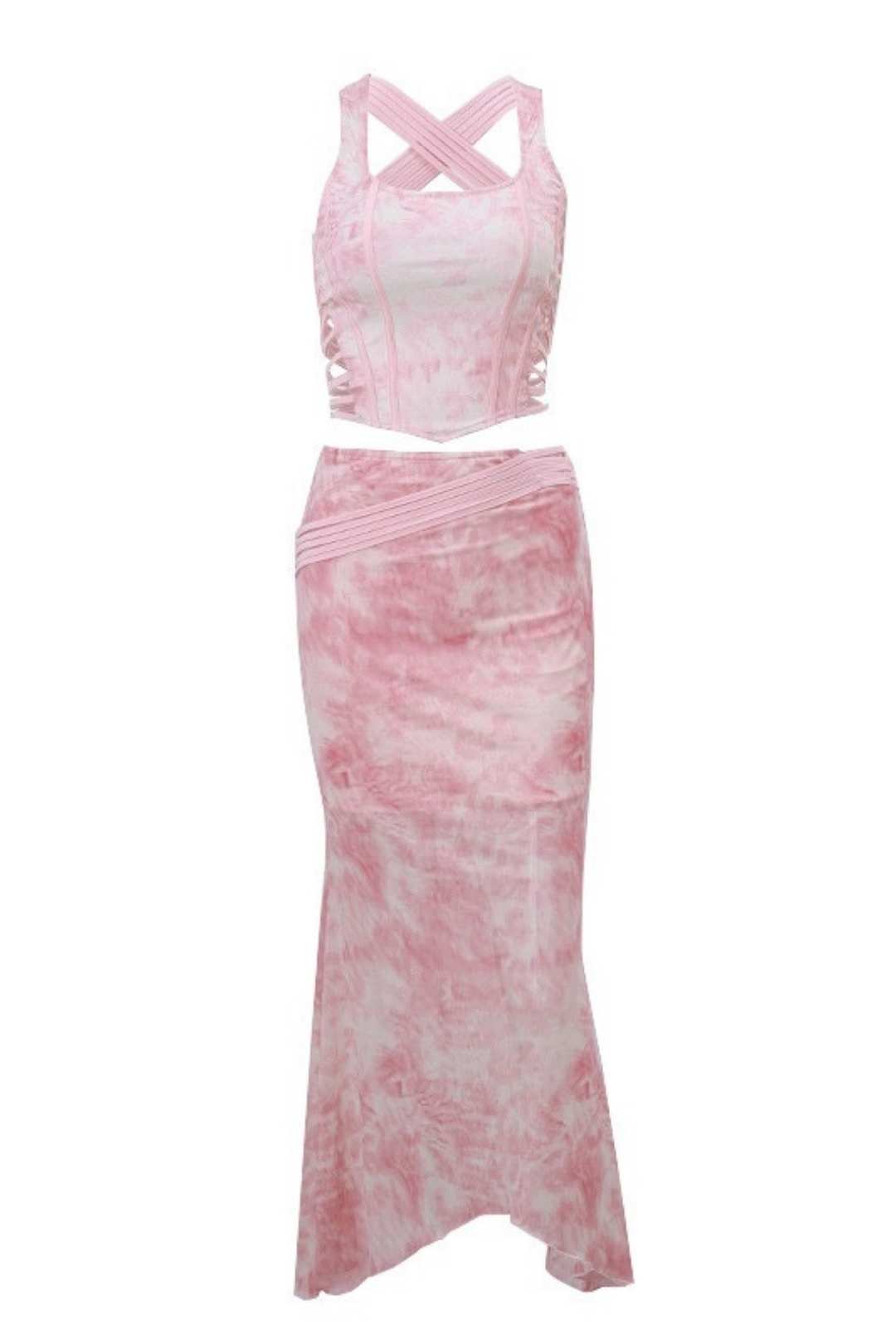 Collar Fishbone Hollow Vest Retro Printed Irregular Skirt Set