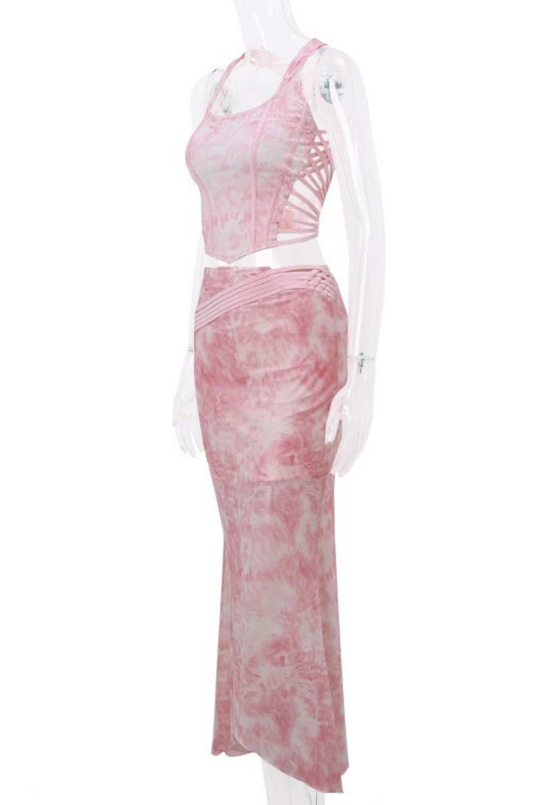 Collar Fishbone Hollow Vest Retro Printed Irregular Skirt Set