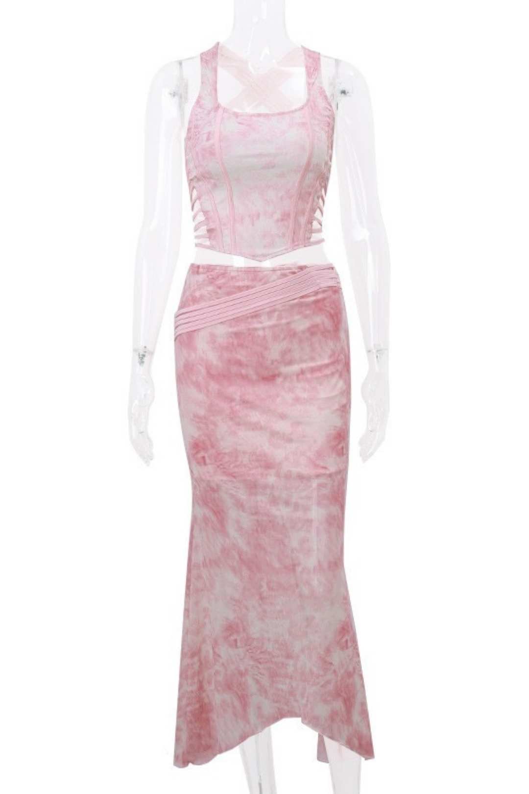 Collar Fishbone Hollow Vest Retro Printed Irregular Skirt Set