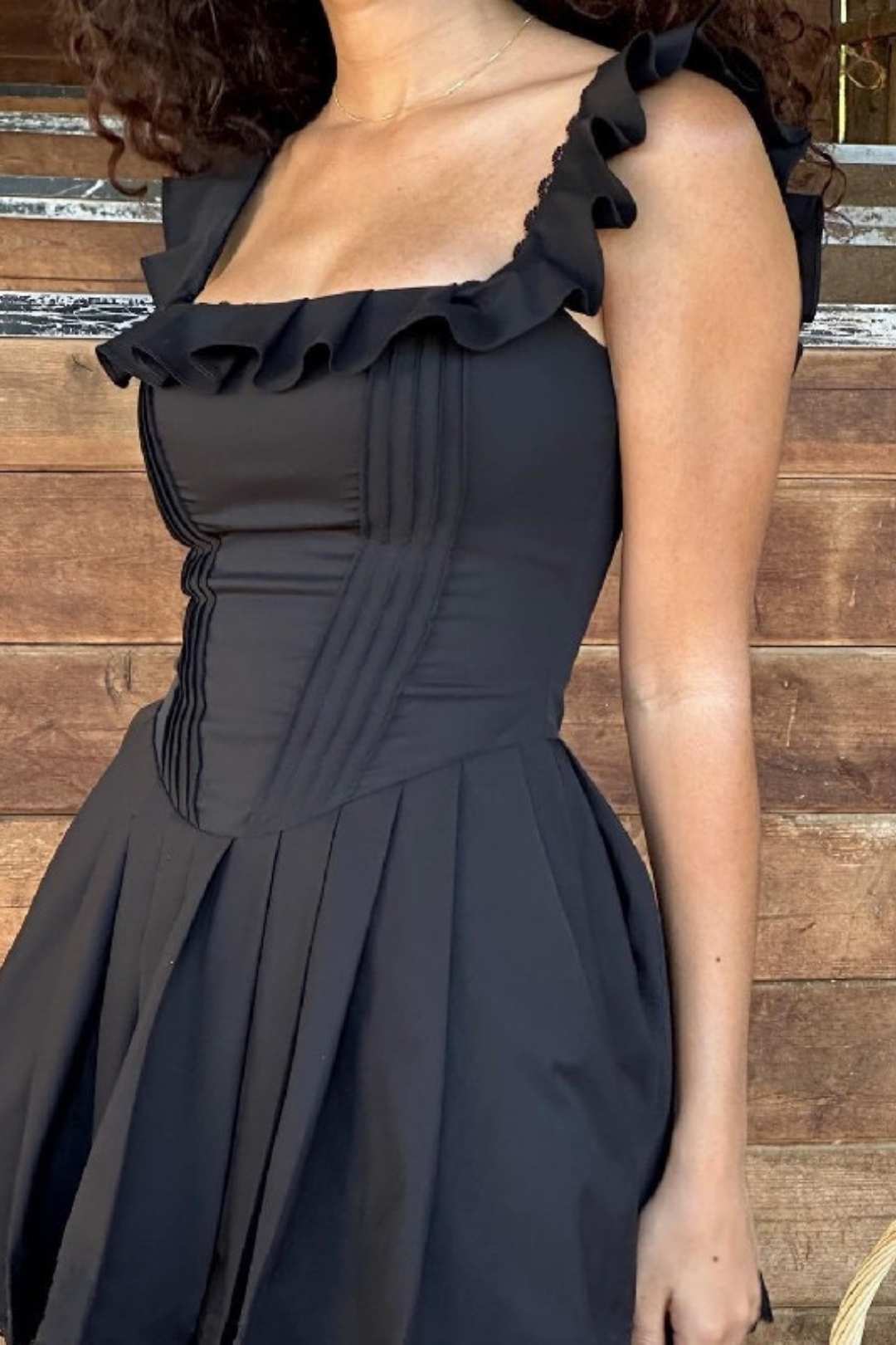 Square Collar Fungus Edge Fishbone Corset Dress