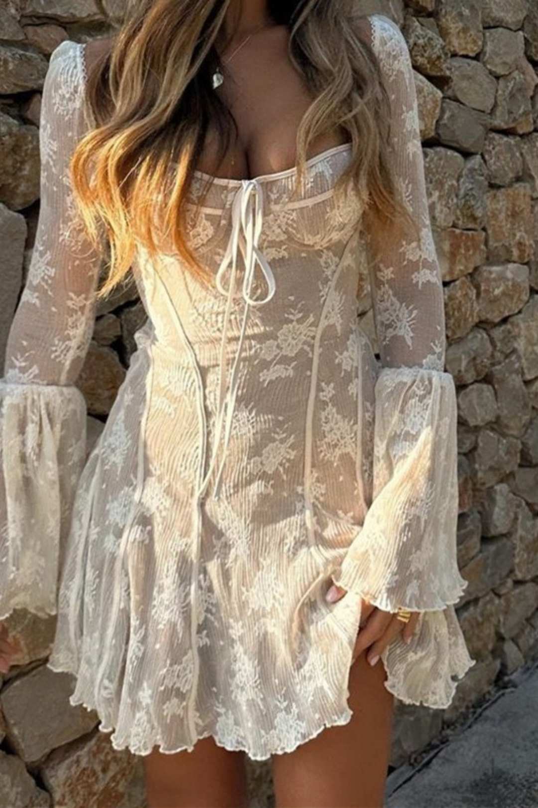 Ballet Style Sexy Pure Lust Lace-up Chest-wrapped Lace Printed Long-sleeved Dress