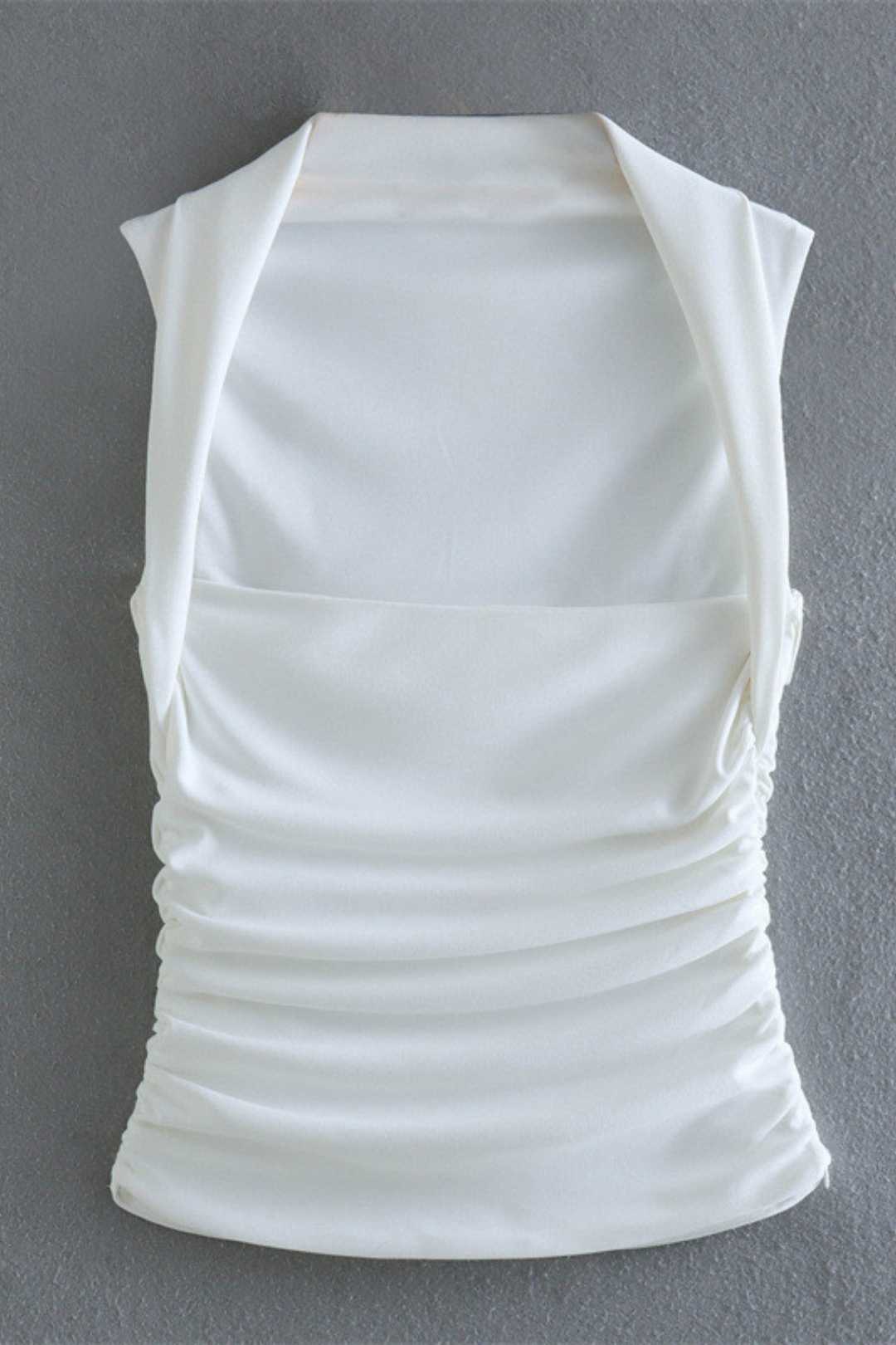 Halterneck Sleeveless Trimmed Slim Pleated White Top