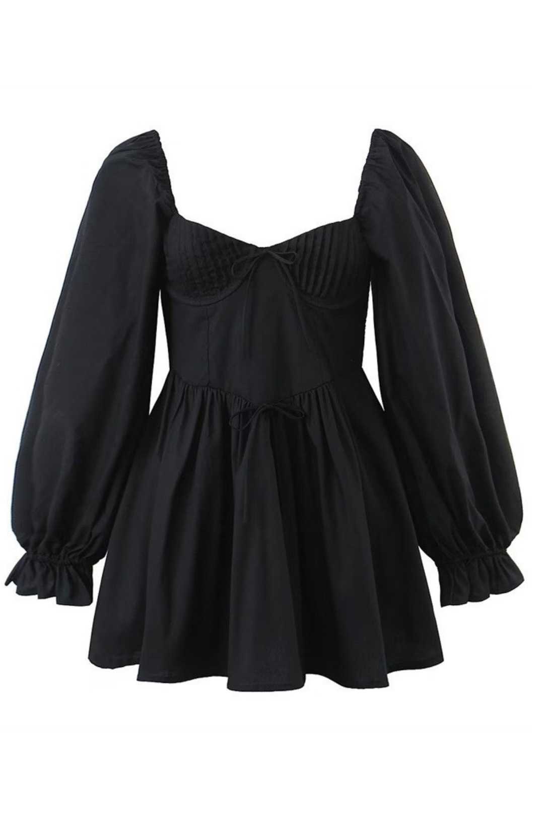 V-neck Long-sleeved Black Waist Dress