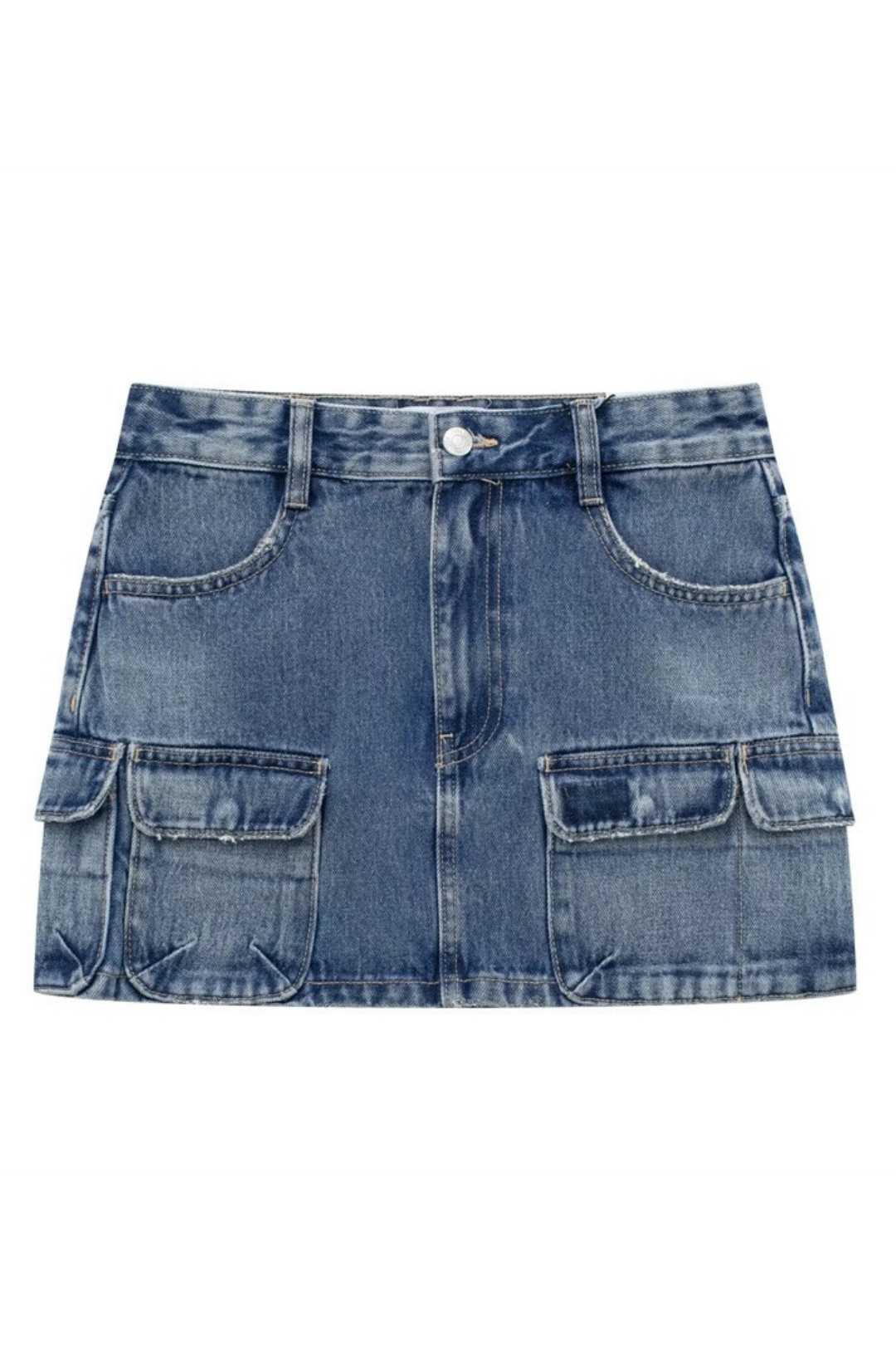 Pocket Decorated High-waist Workwear Style Denim Skirt