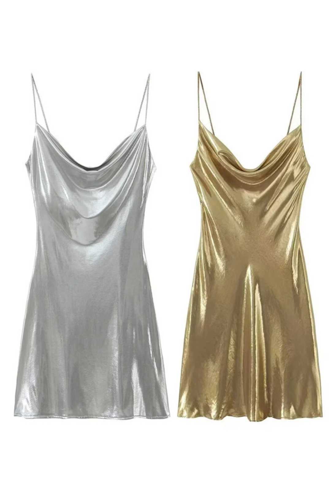 Low-neck Backless Metallic Suspender Dress