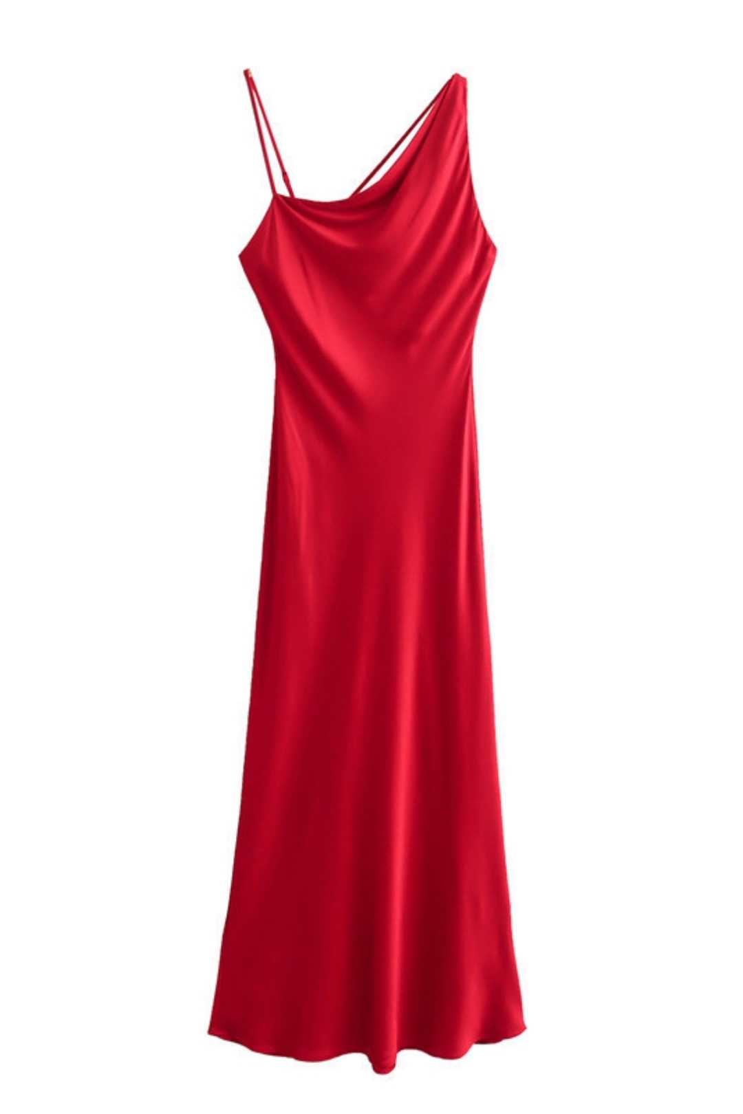 Sexy Slanted Shoulder Red Silk Satin Texture Suspender Dress