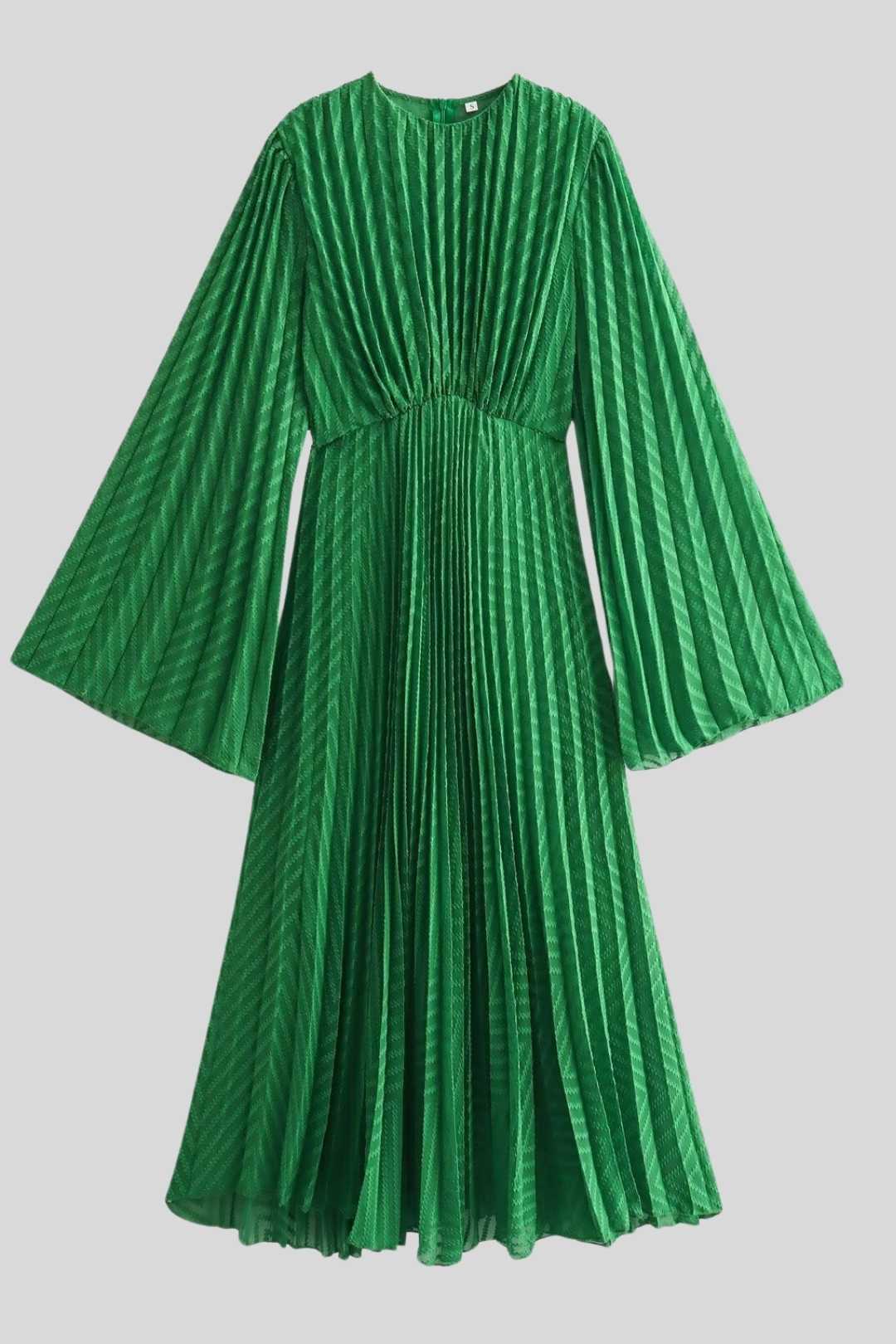 V-neck Long-sleeved Green Pleated Waist Dress