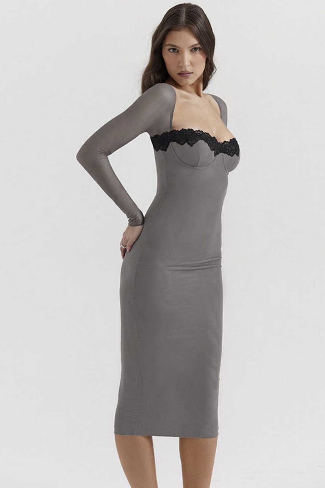 Lace Stitching Long Skirt Sexy Tight-fitting Square Collar Long-sleeved Dress