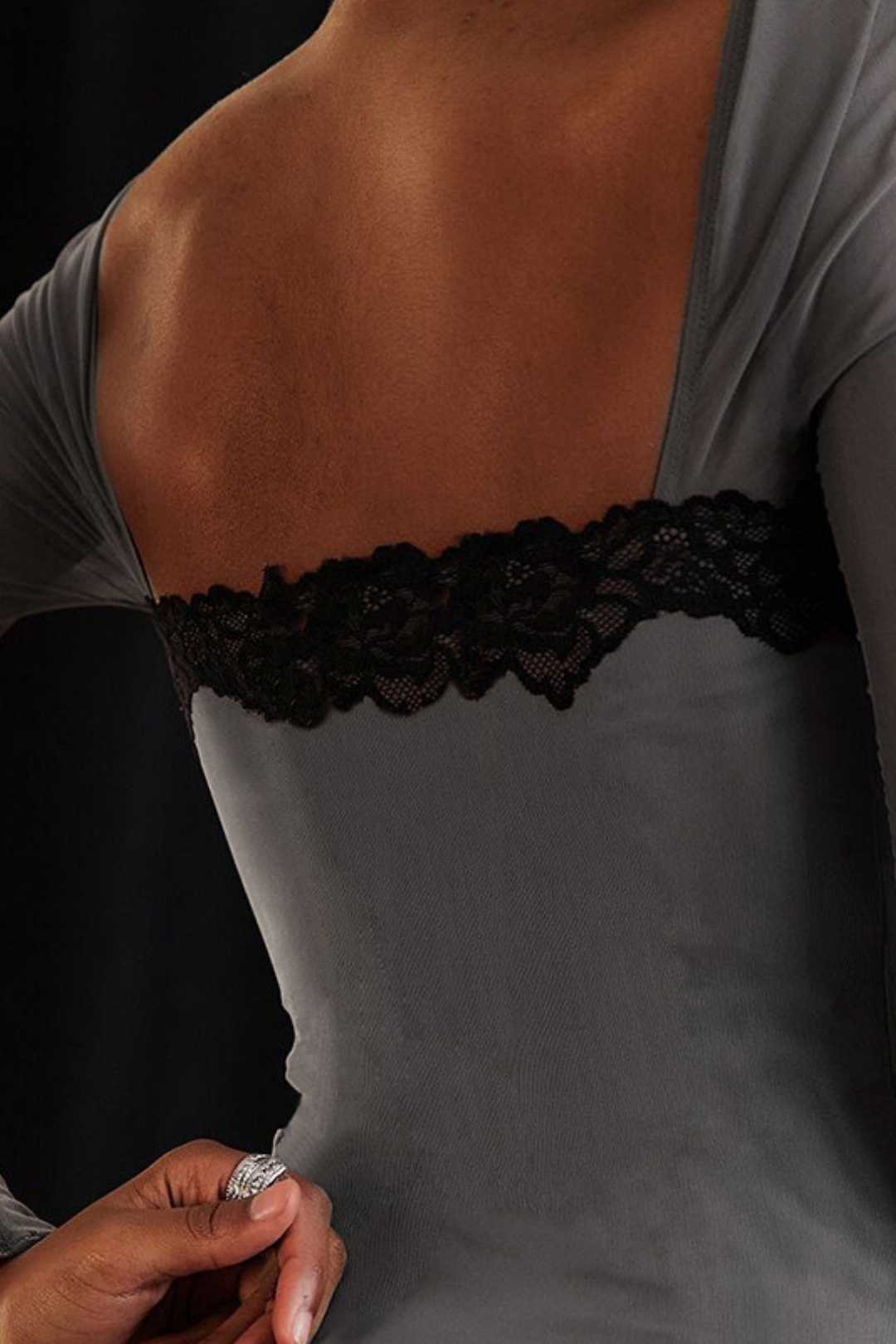 Lace Stitching Long Skirt Sexy Tight-fitting Square Collar Long-sleeved Dress