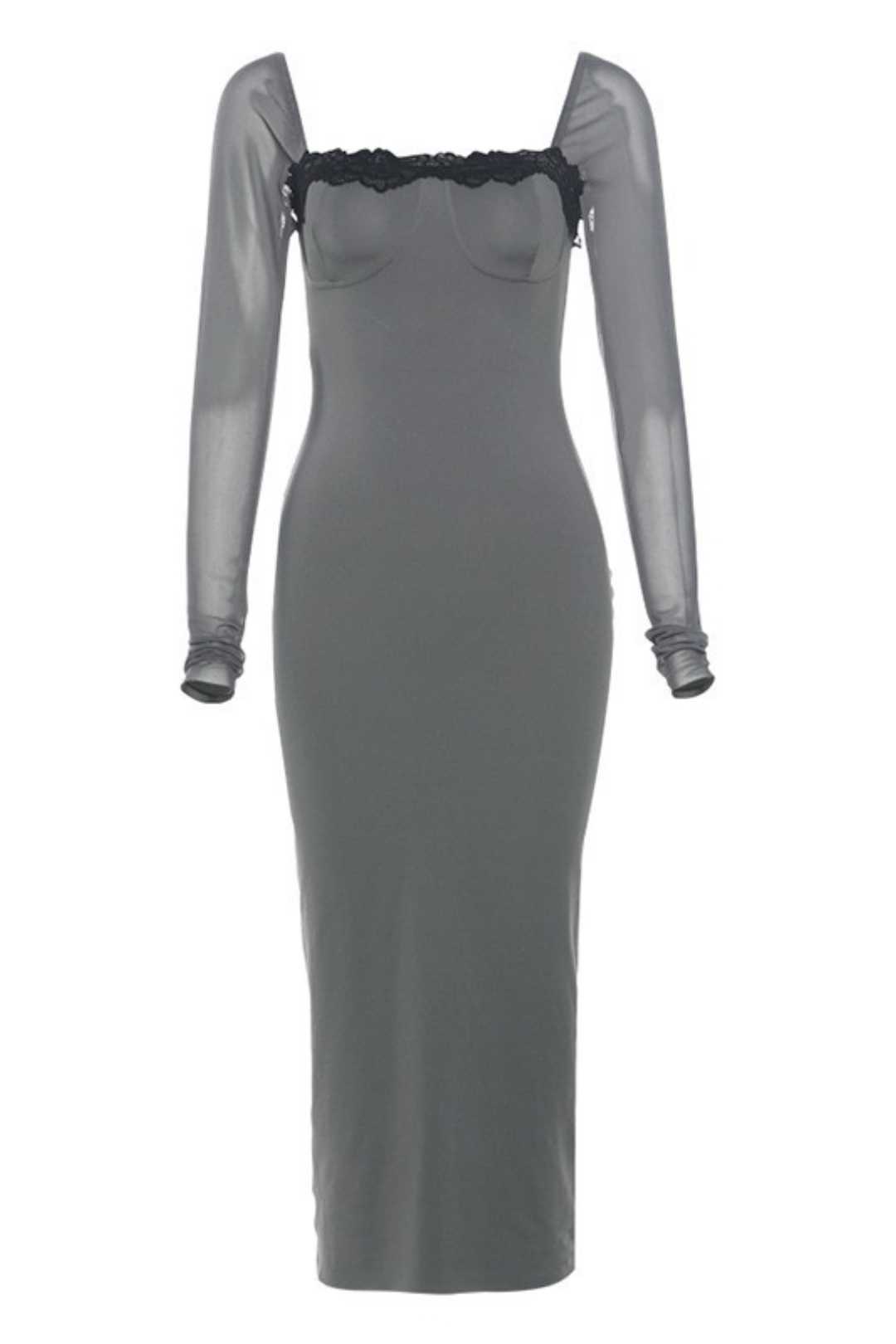 Lace Stitching Long Skirt Sexy Tight-fitting Square Collar Long-sleeved Dress