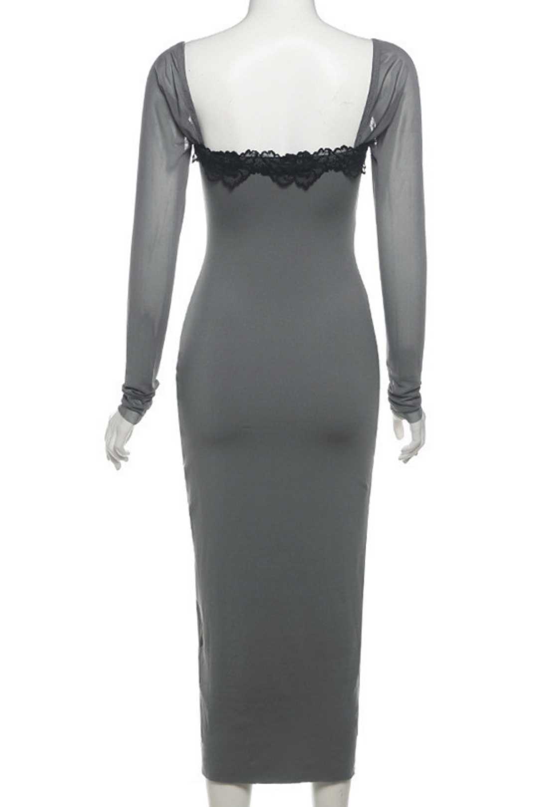 Lace Stitching Long Skirt Sexy Tight-fitting Square Collar Long-sleeved Dress