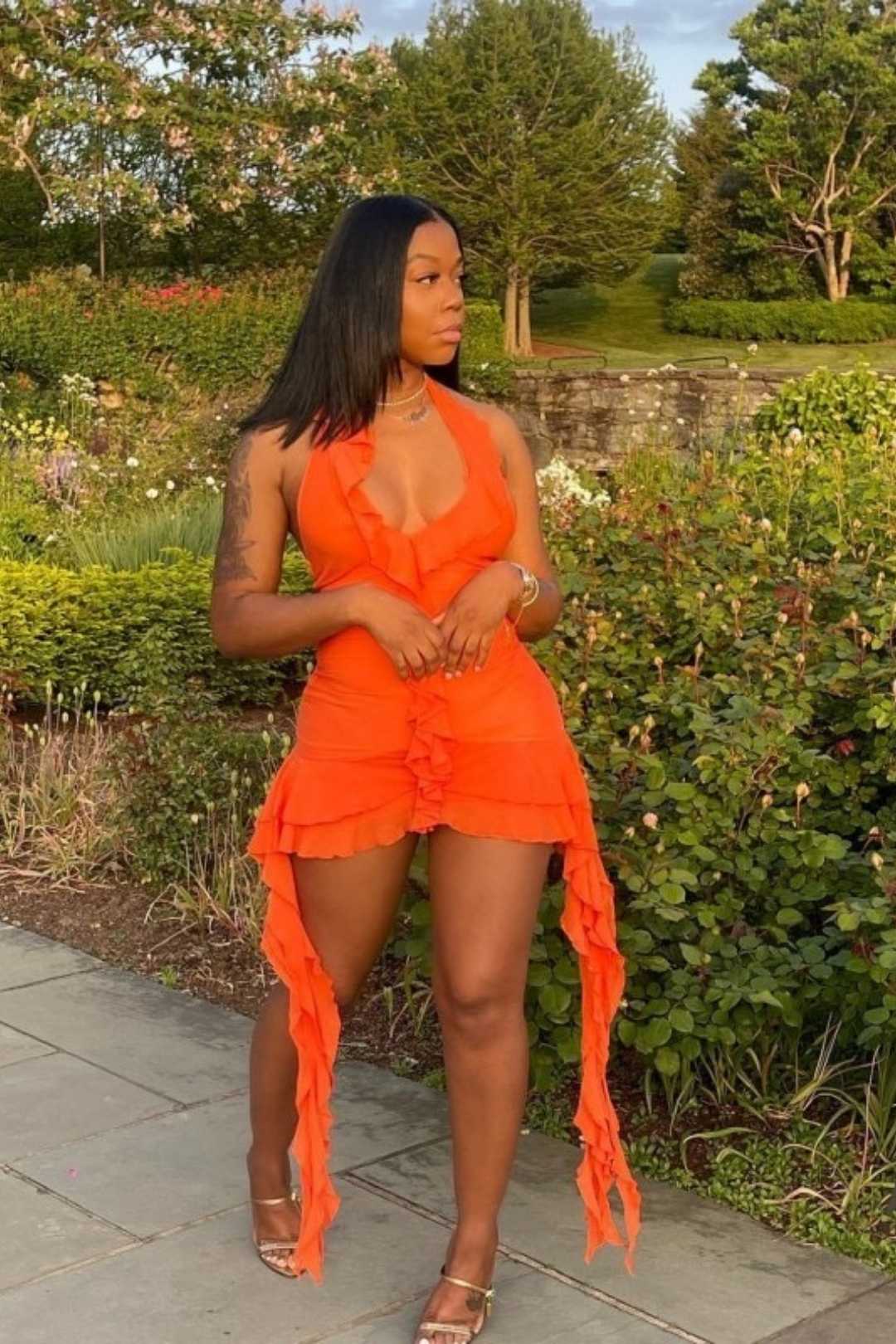 Solid Color Sleeveless Low-neck Fungus-edged Irregular Hip-covering Short Dress