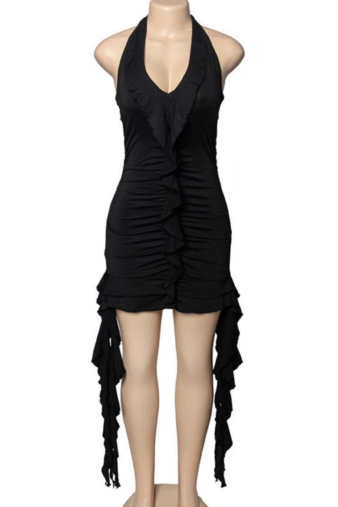 Solid Color Sleeveless Low-neck Fungus-edged Irregular Hip-covering Short Dress