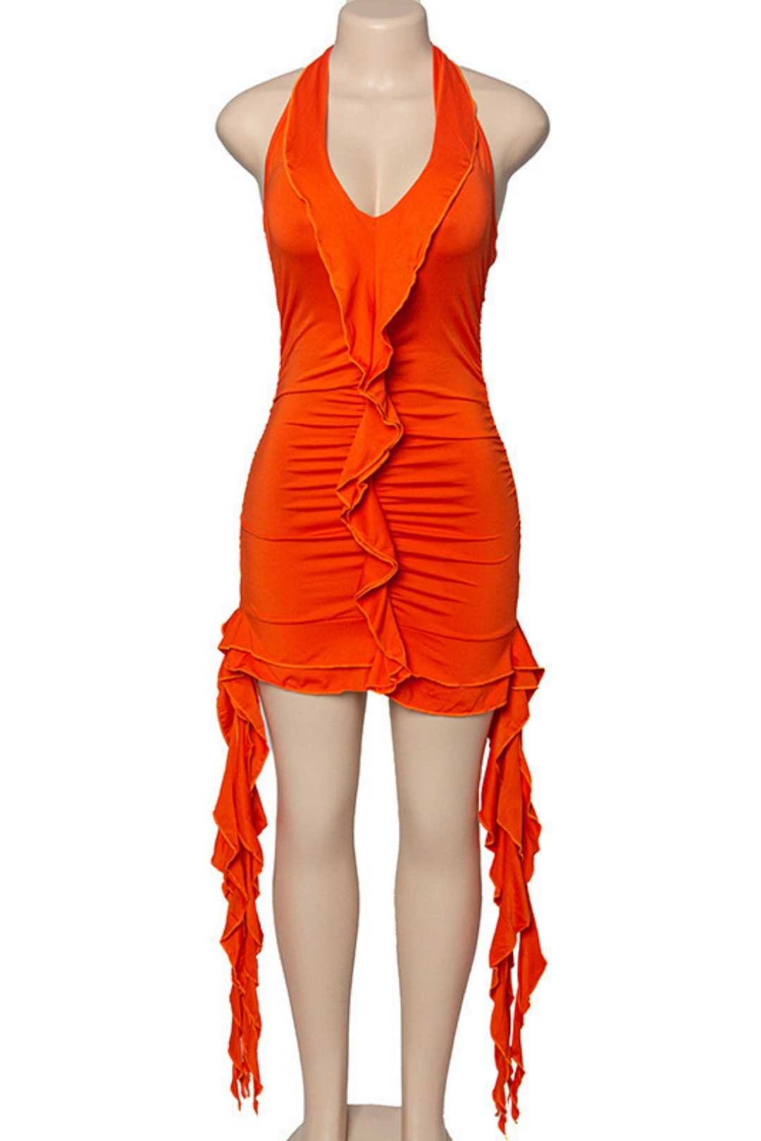 Solid Color Sleeveless Low-neck Fungus-edged Irregular Hip-covering Short Dress