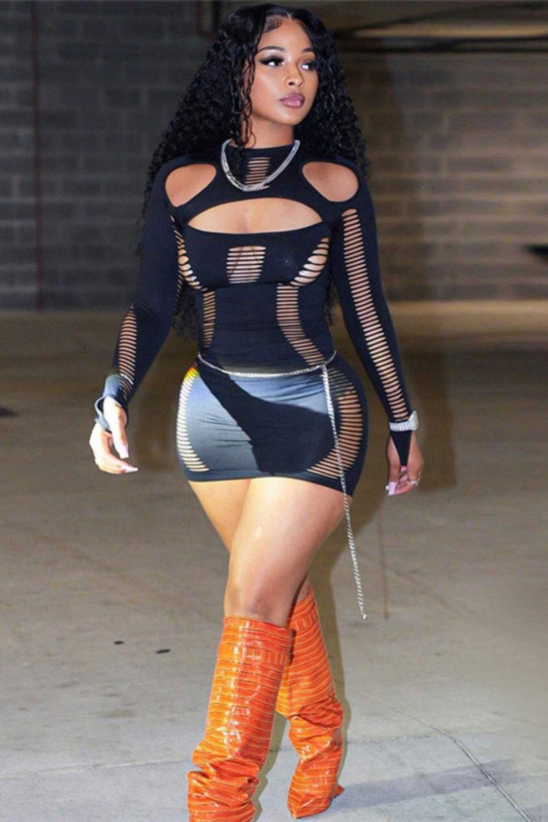 Round Neck Long Sleeve Sexy Hollow Slim Fit Hip Dress