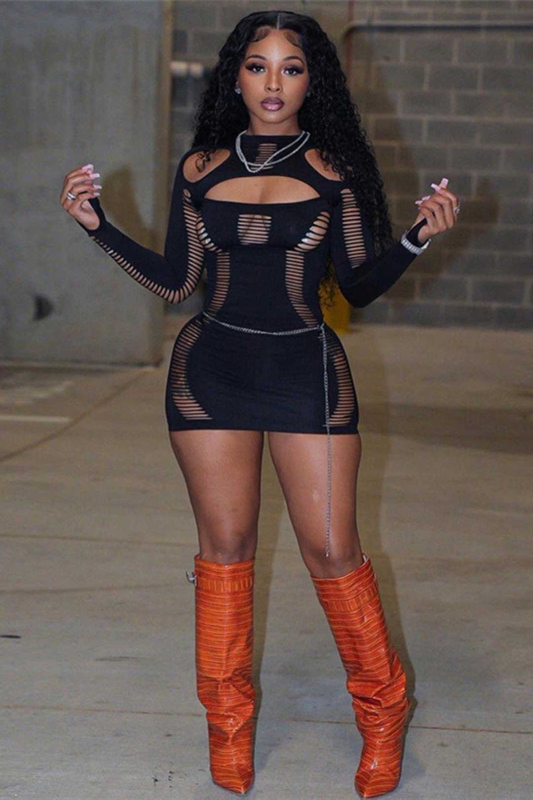 Round Neck Long Sleeve Sexy Hollow Slim Fit Hip Dress