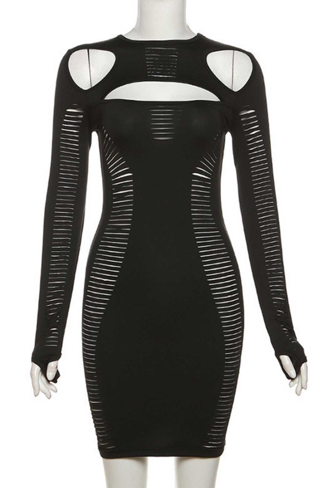 Round Neck Long Sleeve Sexy Hollow Slim Fit Hip Dress