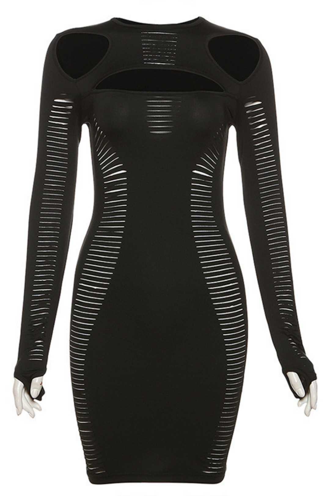 Round Neck Long Sleeve Sexy Hollow Slim Fit Hip Dress