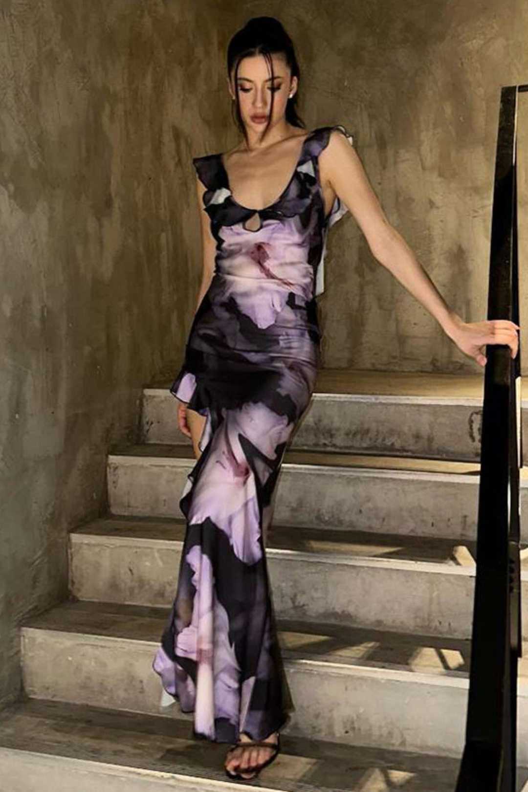 Sexy Backless Fashion Strappy Slit Slim Printed Dress