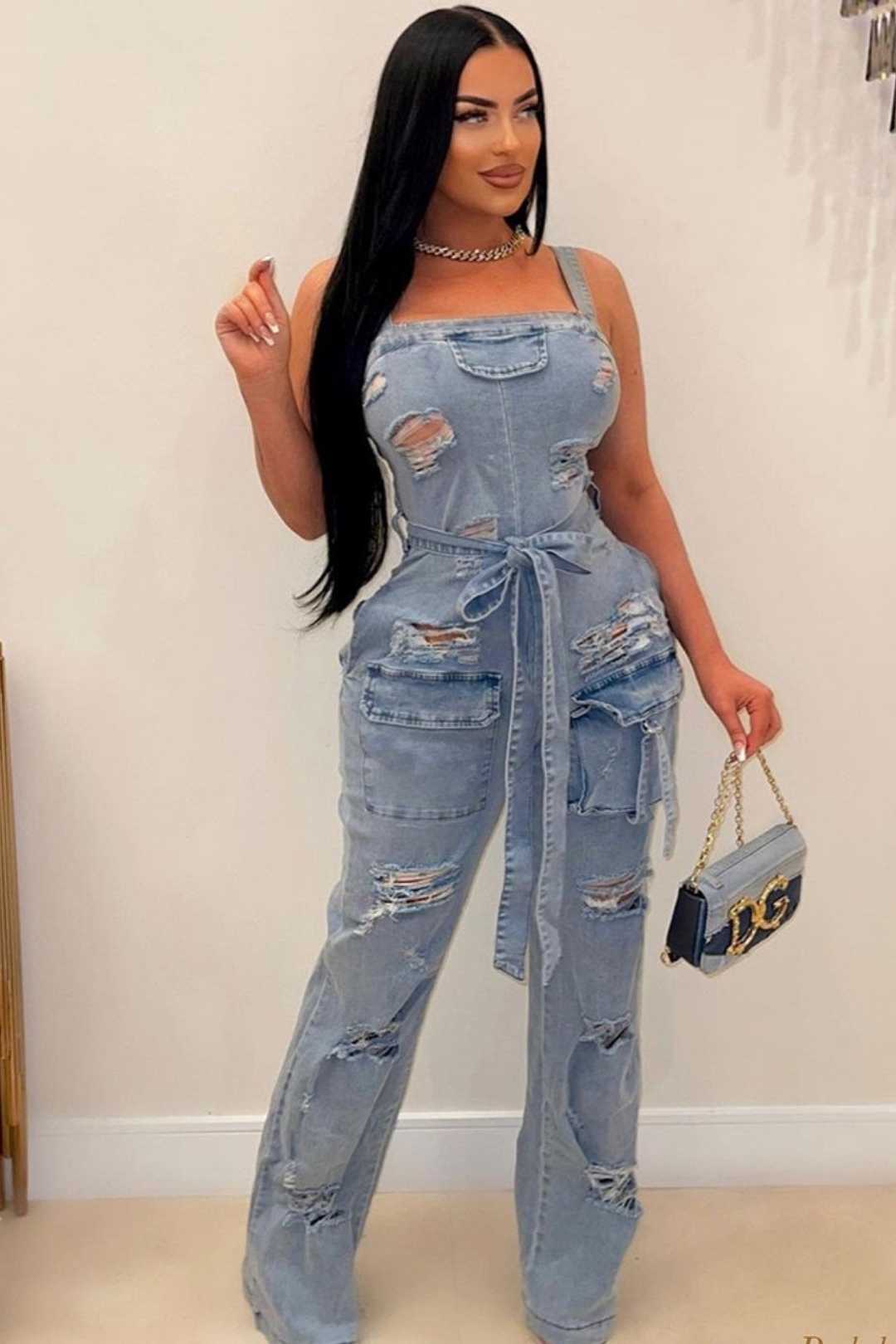 Breast-wrapped Trendy Ripped Tassel Washed Denim Jumpsuit