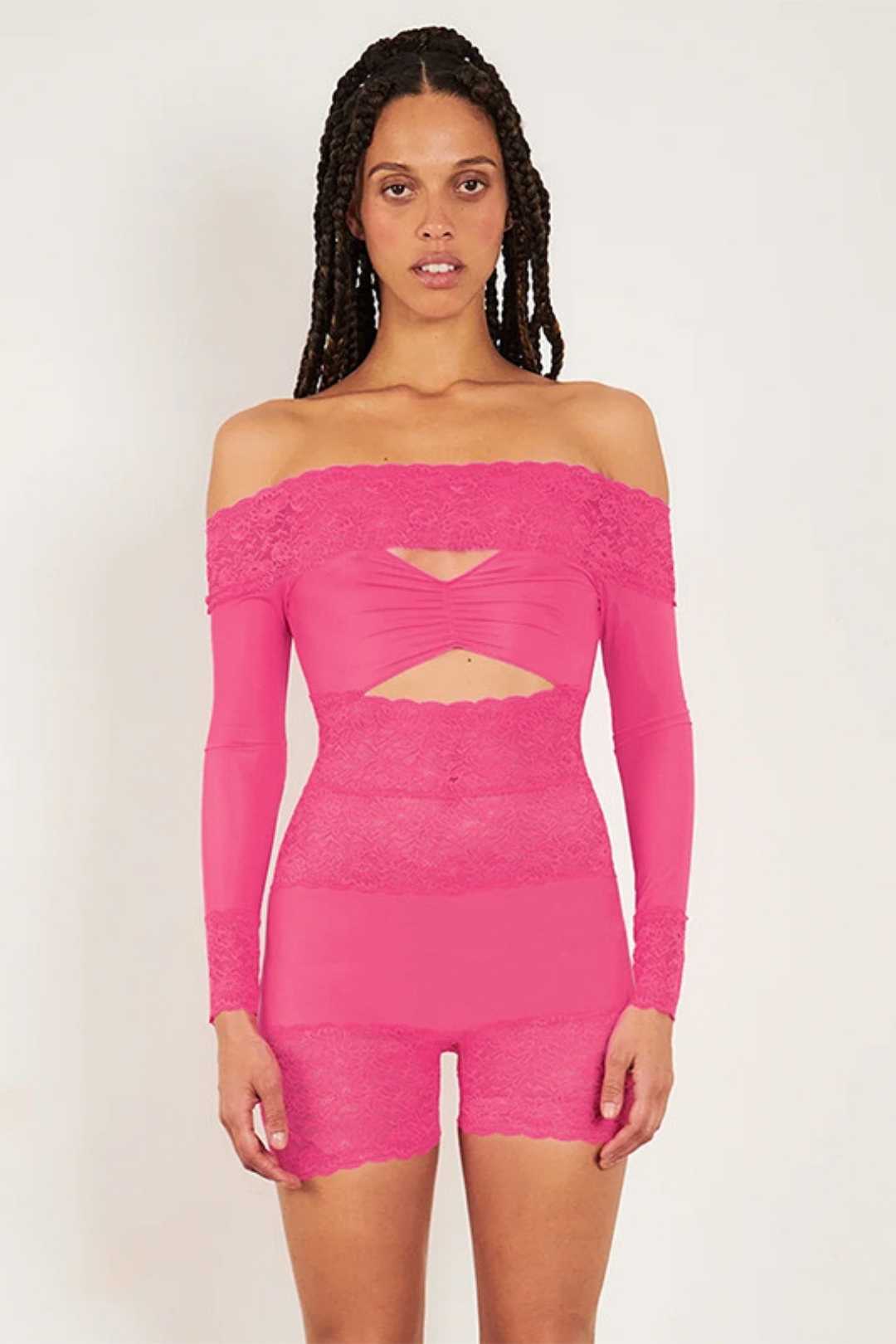 Lace Stitching Hollow Long-sleeved One-shoulder Jumpsuit