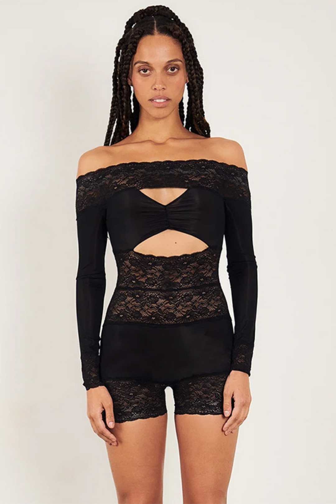 Lace Stitching Hollow Long-sleeved One-shoulder Jumpsuit