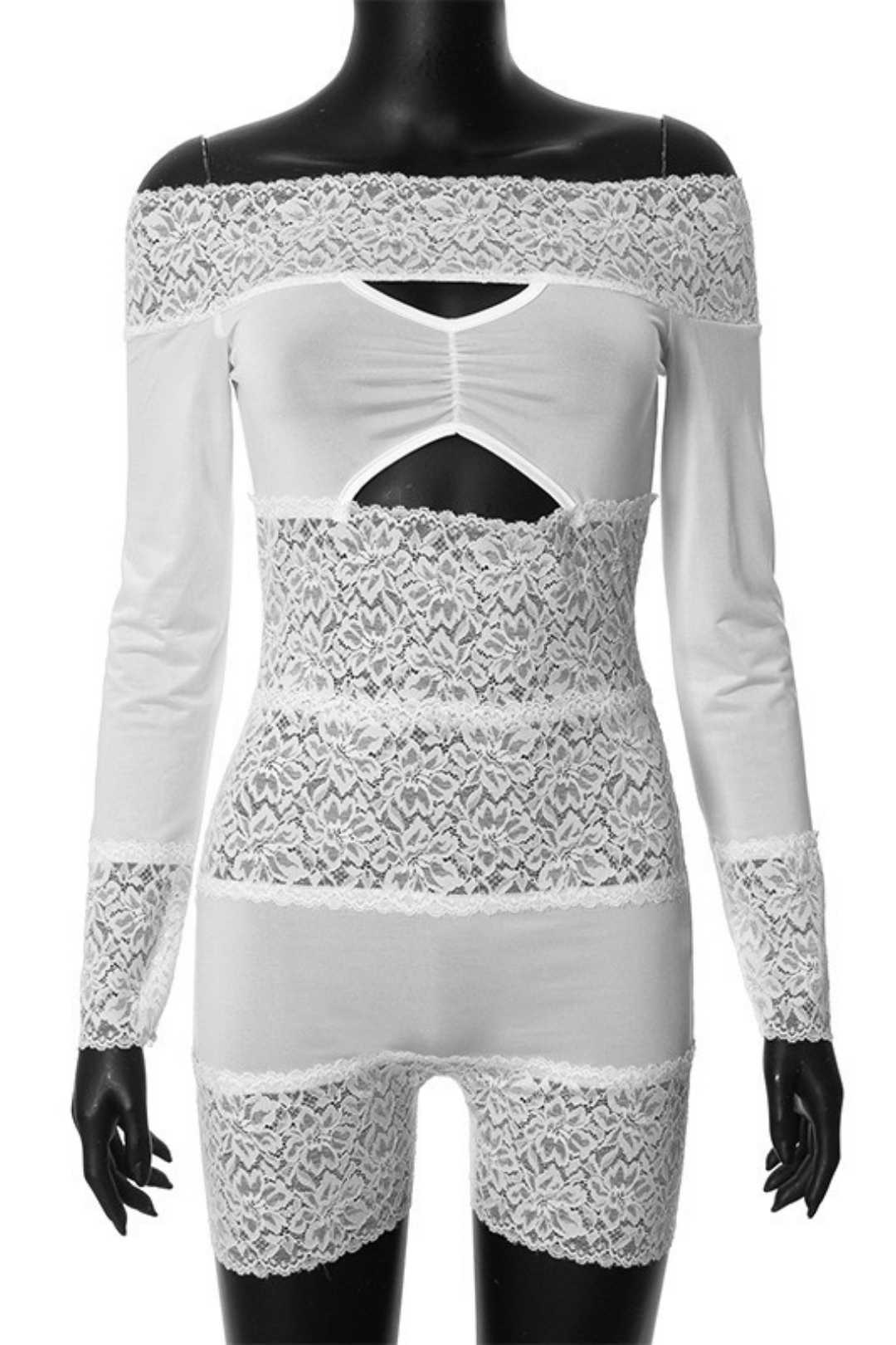 Lace Stitching Hollow Long-sleeved One-shoulder Jumpsuit