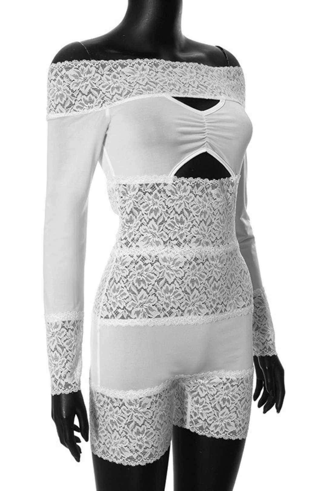 Lace Stitching Hollow Long-sleeved One-shoulder Jumpsuit