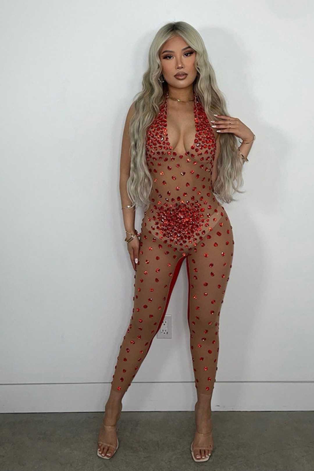 Rhinestone Mesh Elastic Slimming Jumpsuit