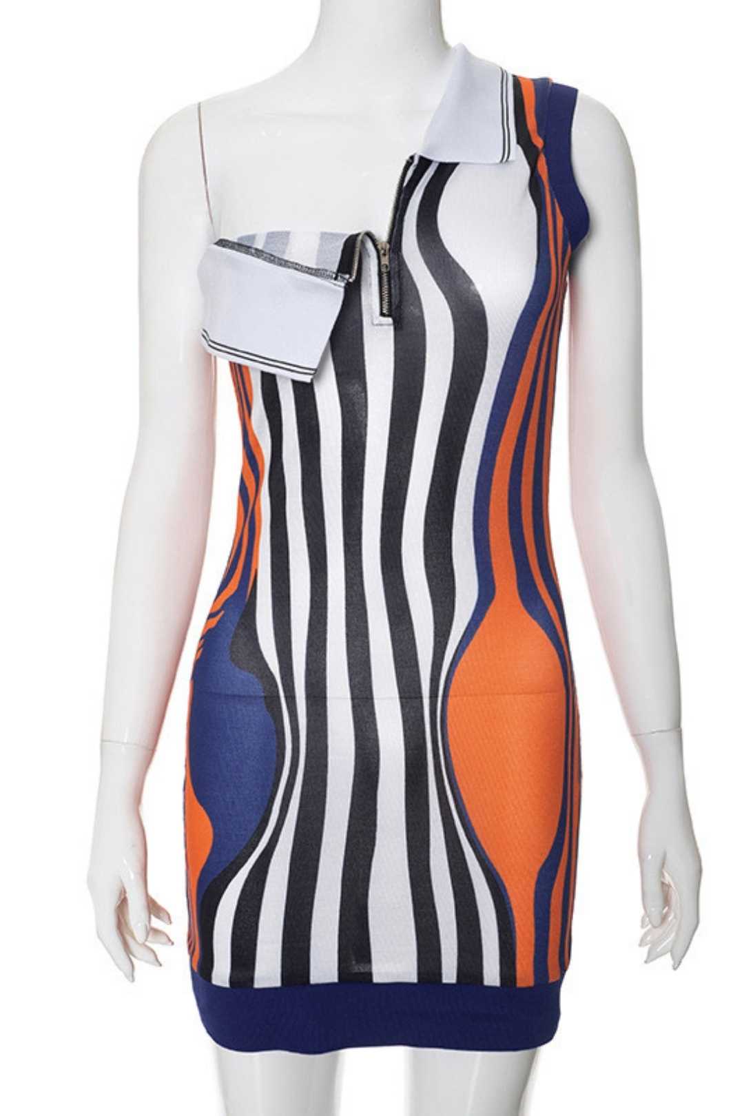 One-shoulder Sleeveless Mesh Print Dress