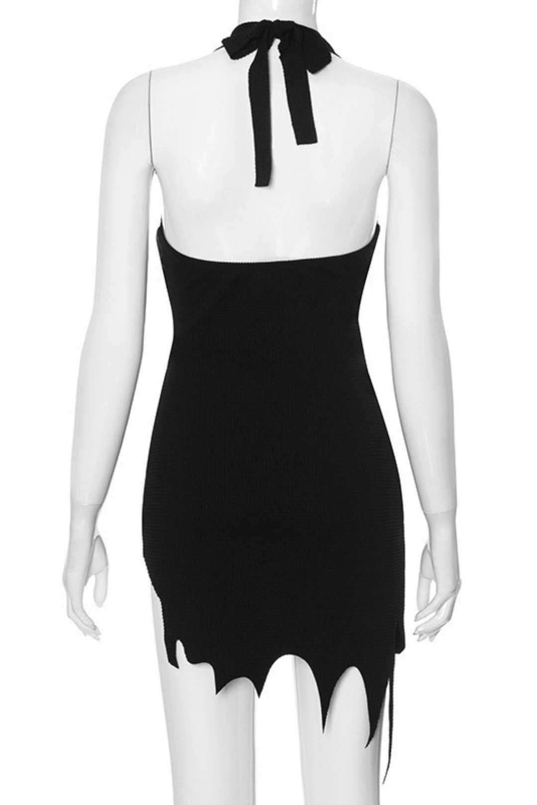 Leather Splicing Irregular Skirt Sleeveless Halter Neck Dress