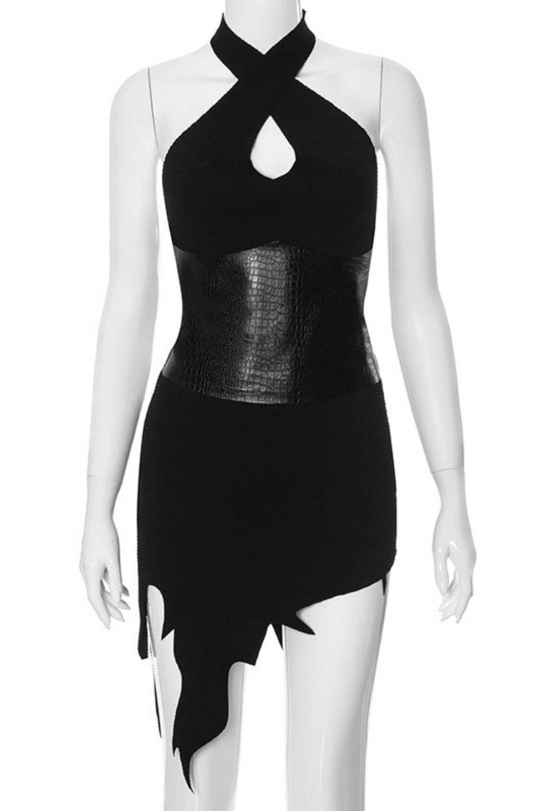 Leather Splicing Irregular Skirt Sleeveless Halter Neck Dress