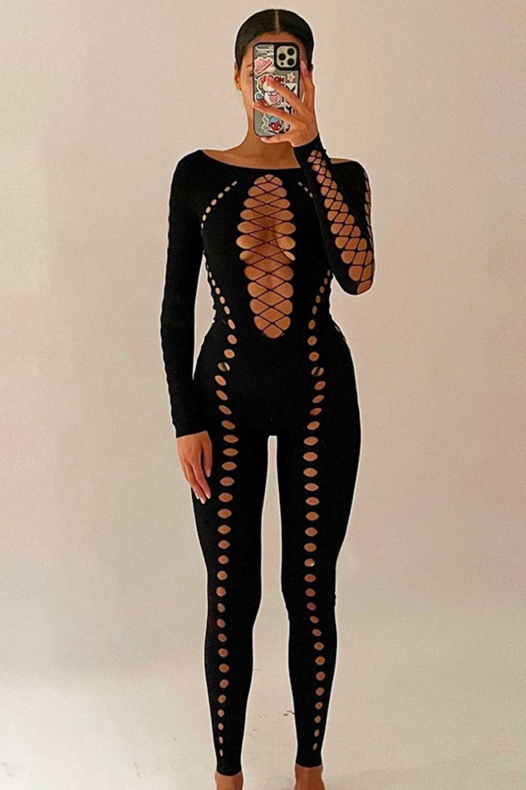 Sexy Hollow Perspective One-shoulder Long-sleeved Jumpsuit