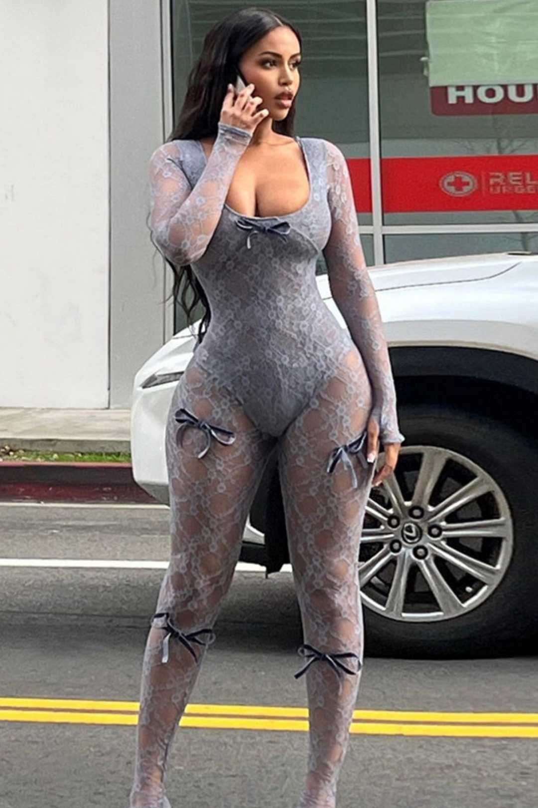 Sexy See-through Hollow High-waisted Jacquard Tight Long-sleeved Lace Jumpsuit