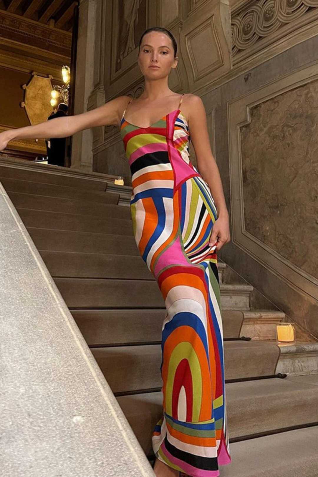 Sexy Low-necked Waist Suspender Long Skirt Slimming Printed Slit Dress