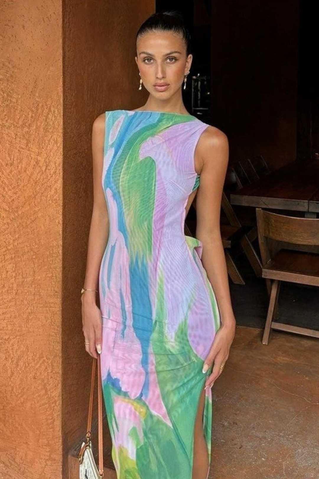 Abstract Gradient Print Sexy Backless Sleeveless Dress