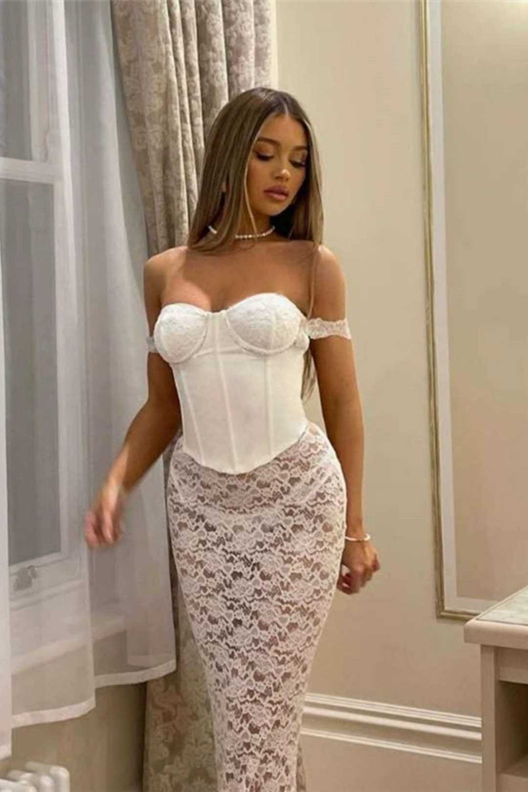 Sexy Tube Top Solid Color Temperament Lace Splicing Dress