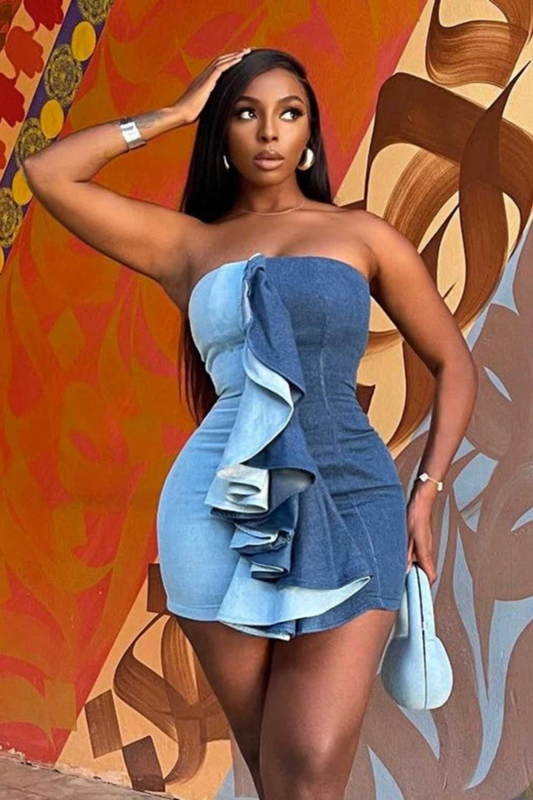 Ruffled Denim Color Matching Dress