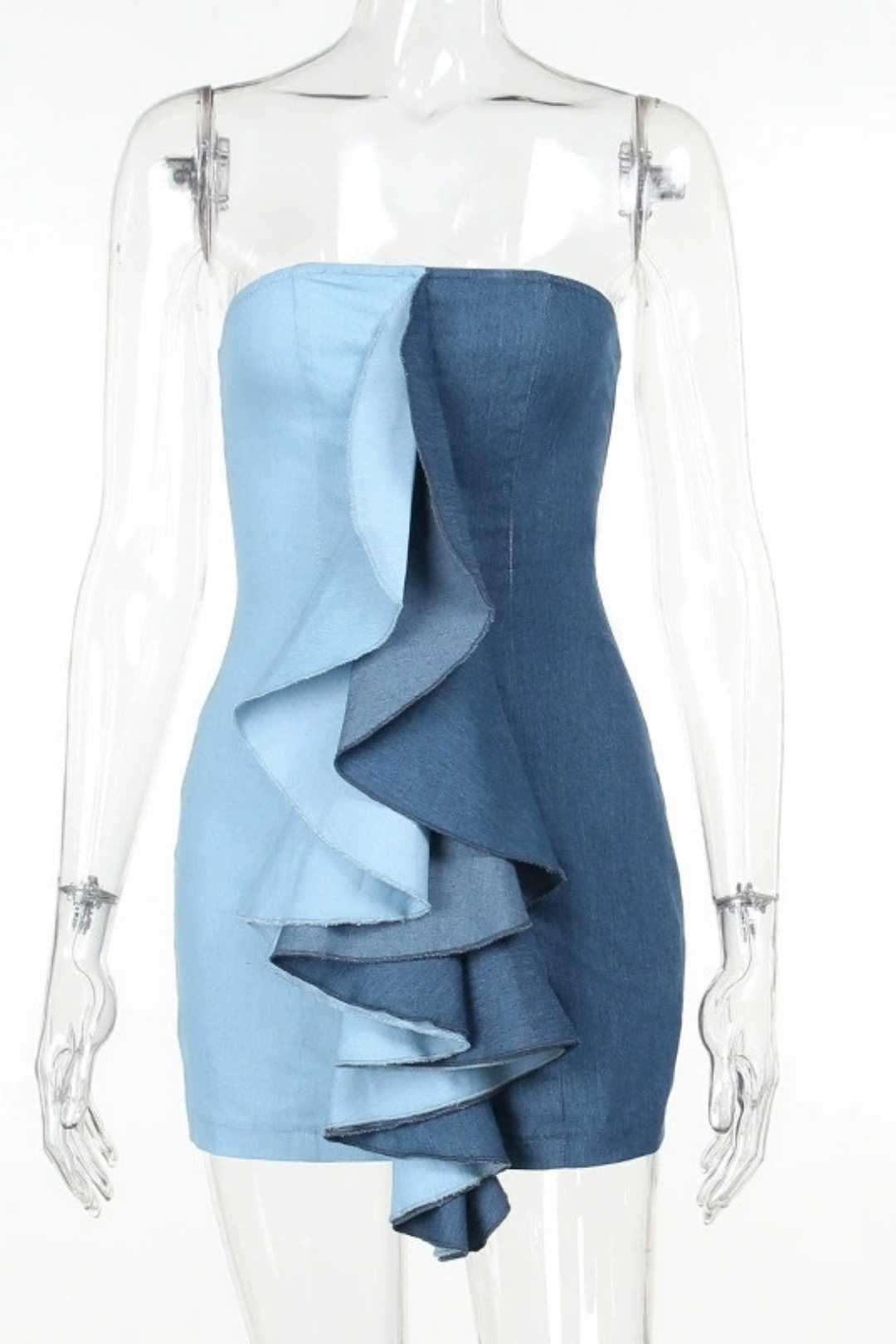 Ruffled Denim Color Matching Dress