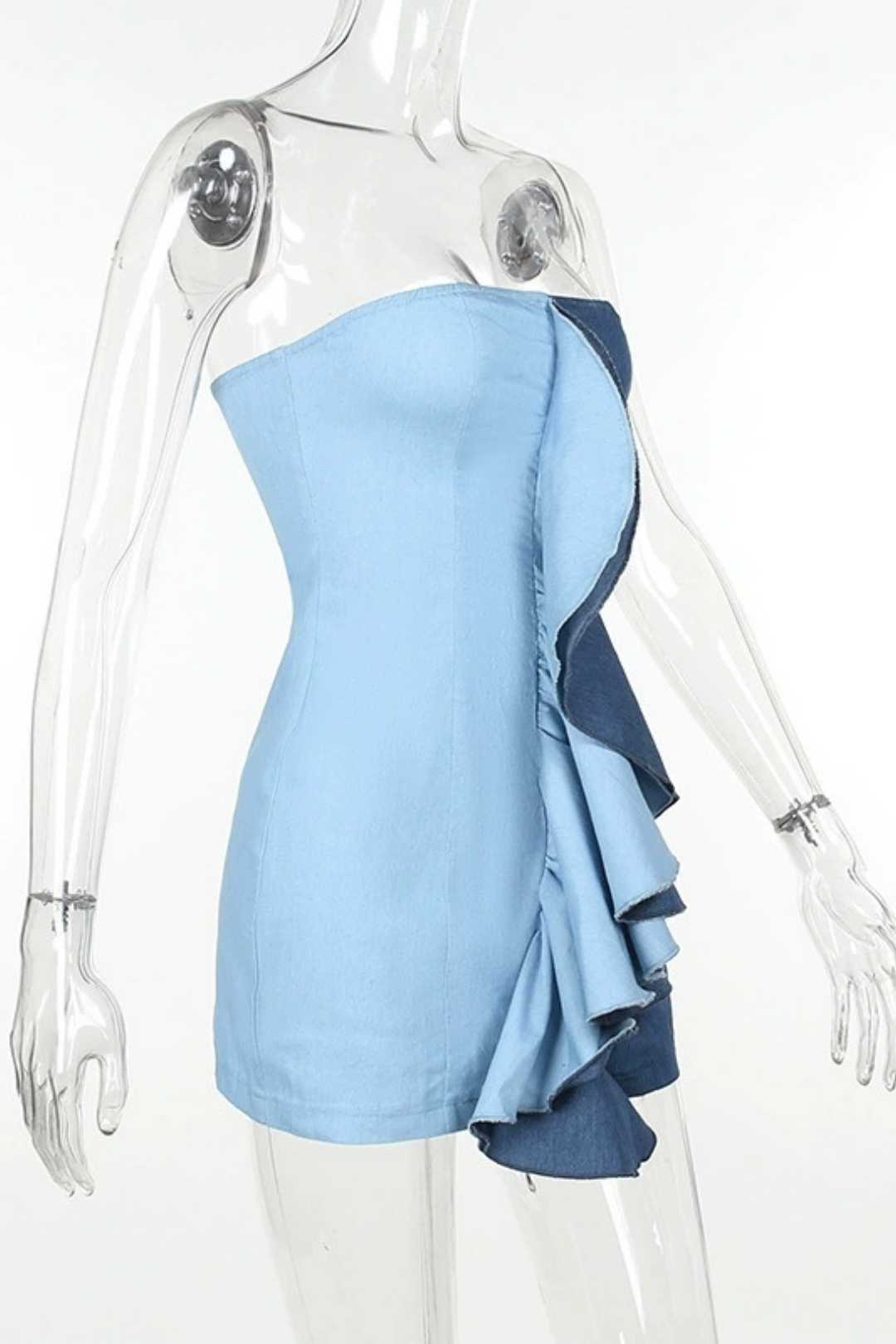 Ruffled Denim Color Matching Dress