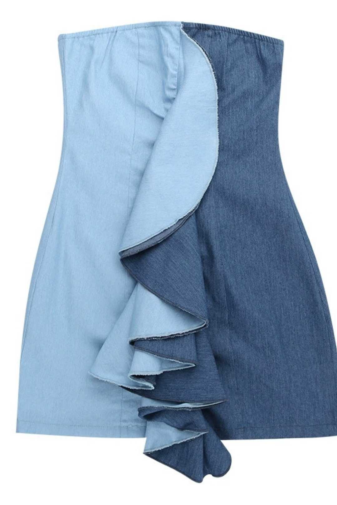 Ruffled Denim Color Matching Dress