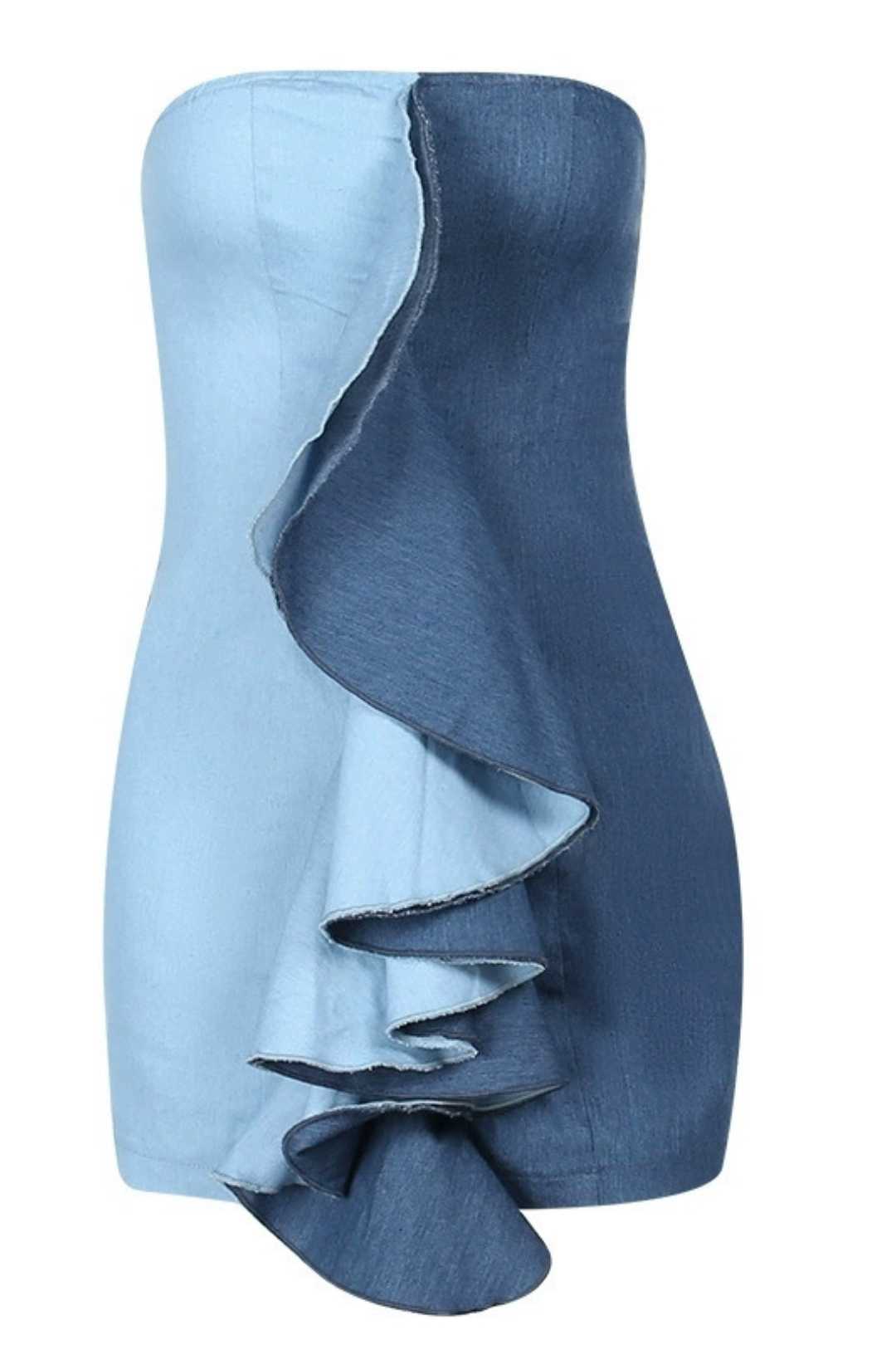 Ruffled Denim Color Matching Dress