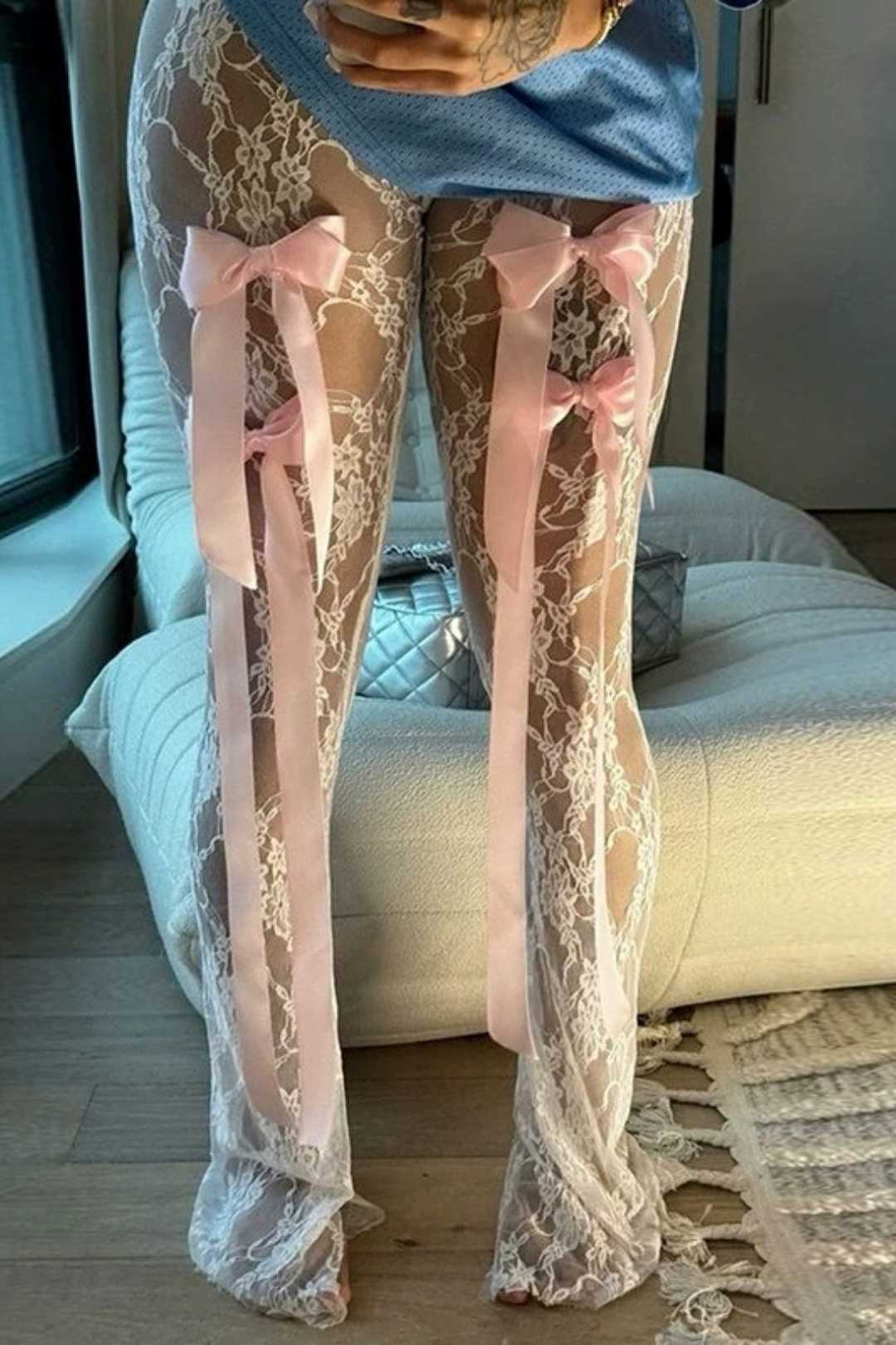 High-waist Lace See-through Bow Trousers