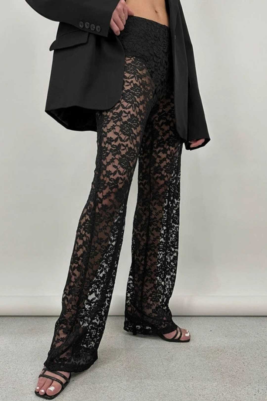 Versatile Lace See-through High-waist Spliced ​​long Straight Pants